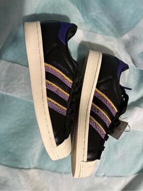 adidas Black Leather Sneakers with Purple Insole and Yellow Accent